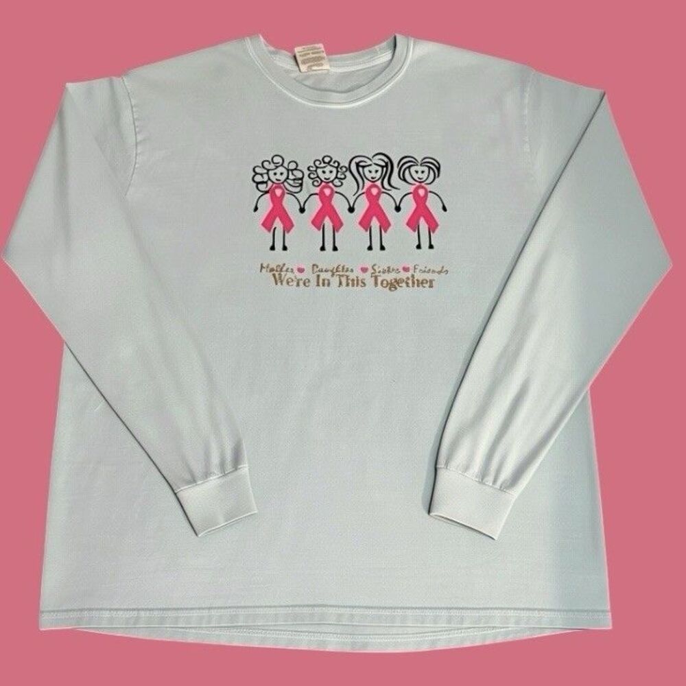 Comfort Colors XL Long Sleeve T-Shirt Breast Cancer Awareness Pink Ribbon Aqua